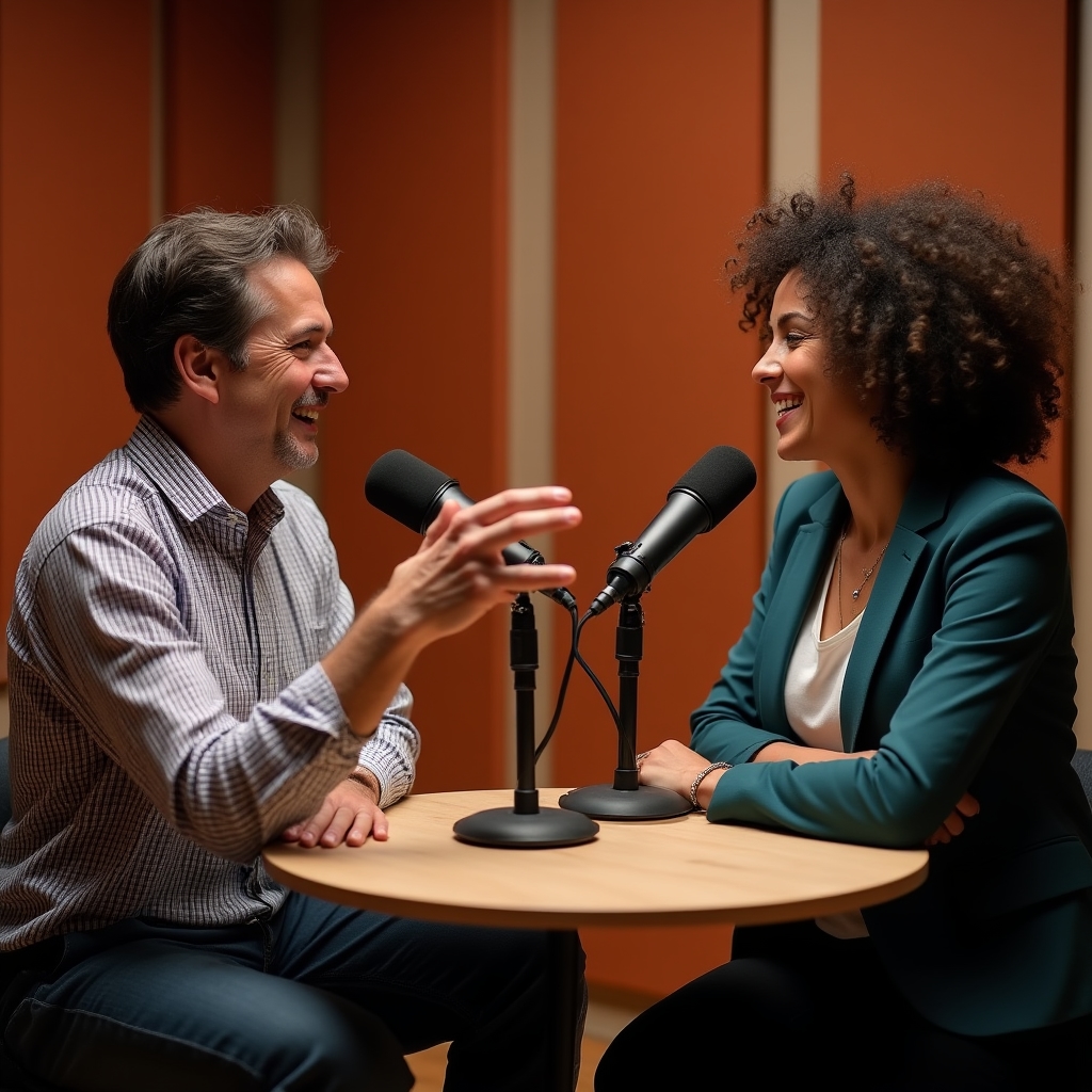 Doi invitați într-un studio de podcast, discutând relaxat despre o decizie financiară pe care au regretat-o