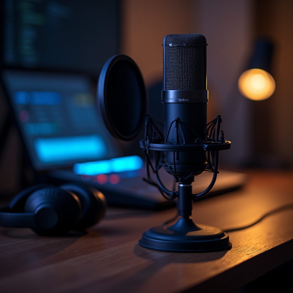 Detaliu cu echipament de podcast, cască audio și microfon pe o masă de studio minimalistă